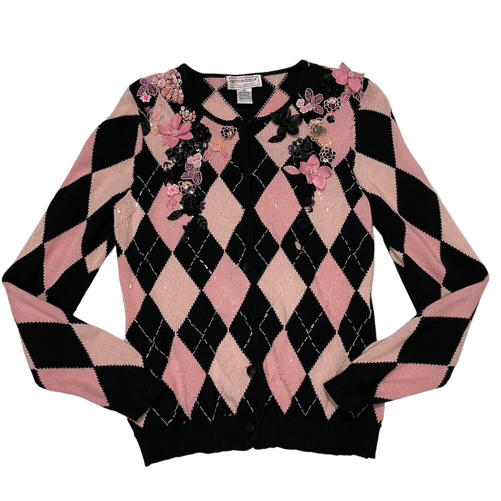 Victor Costa Occasion Embellished Harlequin Cardigan - Black/Pink - XS